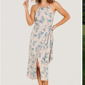 Baltic Born Halter Midi Dress in Blush with Blue Floral Print